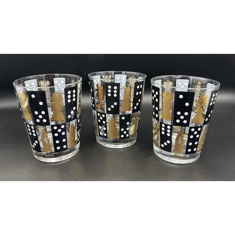 Set Of 3 Mid Century Cera Gold And Black Chess Domino Low Tumbler Glasses *READ*